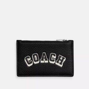 NWT Coach CAK43 Black Pebbled Leather Zip Card Case With Varsity Motif